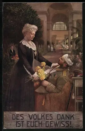 AK Kaiserin Auguste Victoria von Preussen bei einem Verwundeten im Lazarett mit gelben Rosen