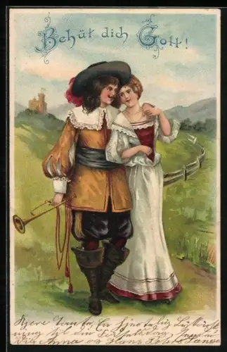 AK Behüt Dich Gott!, Liebespaar Arm in Arm auf einer Wiese