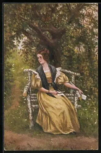 Künstler-AK sign. F. de Witt: Weinende junge Dame mit geöffnetem Brief auf einer Bank im Grünen