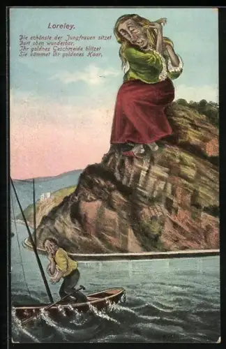 AK Karikatur der Loreley, Schiffer flüchtet