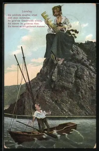 AK Loreley, Mann im Boot erschreckt vor der gar nicht schönsten Jungfrau auf dem Felsen