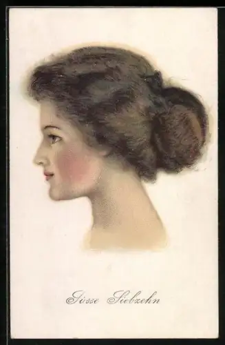 Künstler-AK Sweet Seventeen, Portrait hübsches Mädchen mit Dutt
