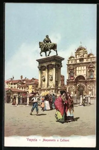 AK Venezia, Monumento a Colleoni, Passanten vor Reiterstandbild