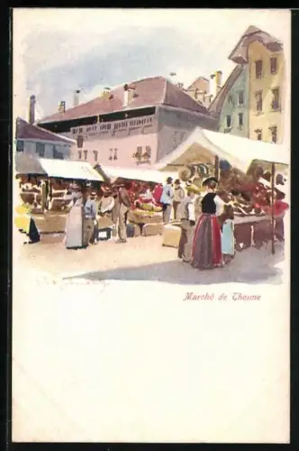 Künstler-AK Thun, Partie am Marktplatz mit Verkaufsständen