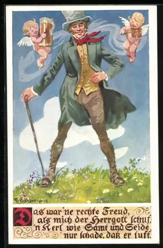 Künstler-AK F. Gareis: Das war `ne rechte Freud..., Lachender Taugenichts und Putten