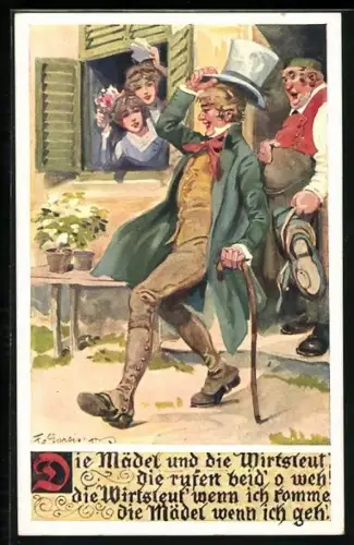 Künstler-AK F. Gareis: Bund der Deutschen in Niederösterreich, Die Mädel und die Wirtsleut...