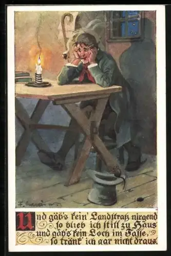 Künstler-AK F. Gareis: Wien, Mariahilferstrasse 98, Mann sitzt mit Pfeiffe an einem Tisch im Gasthaus