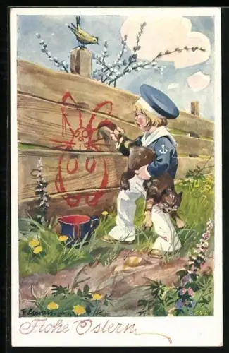 Künstler-AK F.Gareis: Ostern, Junge benutzt Katzenschwanz als Pinsel-Ersatz, um einen Hasen zu malen