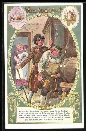 Künstler-AK F.Gareis: Wanderer und Gastwirt beim Anstossen eines Bierfasses