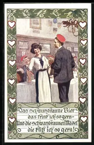 AK Studenten im Wirthaus mit junger Wirtin