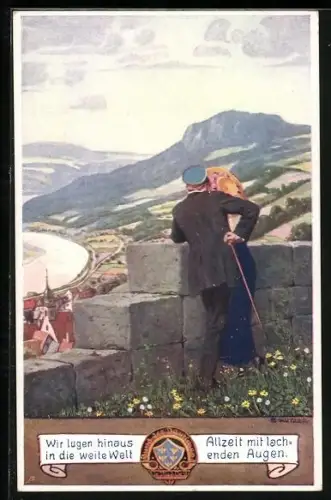 Künstler-AK Ernst Kutzer: Wir lugen hinaus in die weite Welt..., Paar vor Landschaft