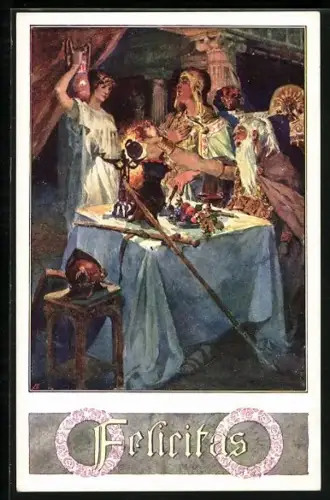 AK Felicitas, Älterer Mann mit Krieger und Frau am Tisch, Germanenkult