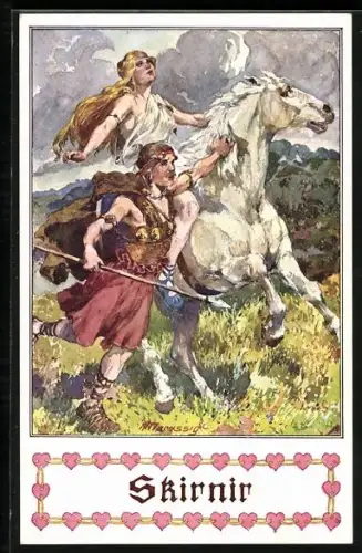 Künstler-AK Anton Marussig: Skirnir, Germanenpaar mit Pferd