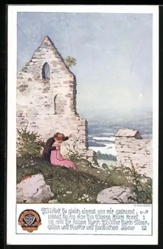 Künstler-AK Ernst Kutzer: Liebespaar an einer Ruine blickt insTal