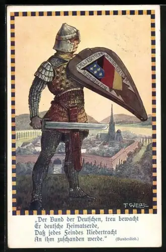 Künstler-AK T. Welzl: Bund der Deutschen in Niederösterreich, Ritter mit Schwert und Schild