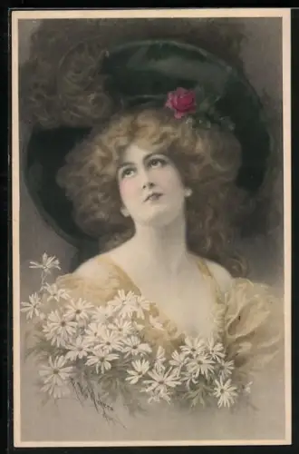Künstler-AK sign. R. R. v. Wichera: Bonne Fete!, schöne junge Frau mit grossem Federhut im Jugendstil