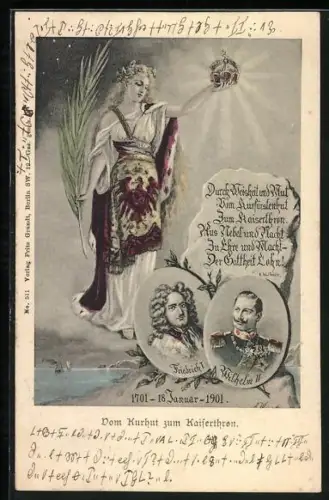 AK Vom Kurhut zum Kaiserthron, Kaiser Wilhelm II. und Friedrich I., Germania
