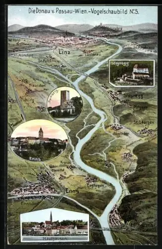 Künstler-AK Eugen Felle: Enns, Ortsansicht aus der Vogelschau mit Umgebung