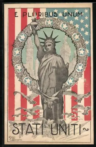 Künstler-AK Stati Uniti, Freiheitsstatue im Kranz vor Flagge, Gebäude