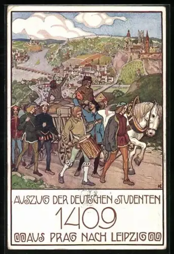 Künstler-AK Auszug der deutschen Studenten aus Prag nach Leipzig 1409