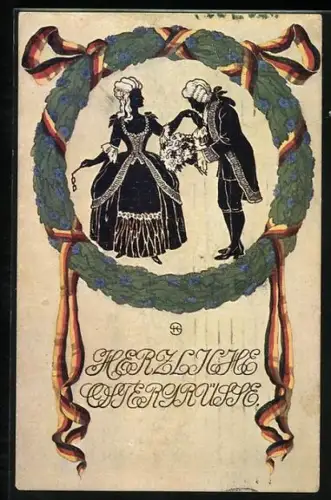 AK Paar in barockem Kostüm mit Eichenlaubkranz und deutschen Farben