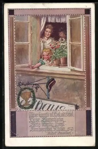 Künstler-AK Franz Kuderna: Damen winken aus ihrem Fenster, Gedicht von Rudolf Baumbach