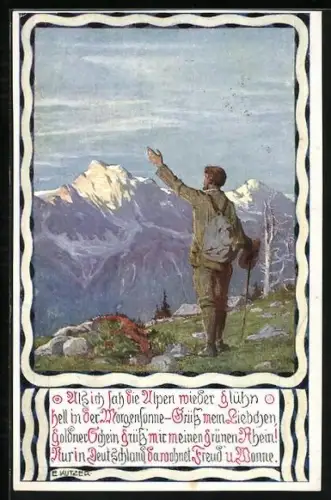 Künstler-AK Ernst Kutzer: Als ich sah die Alpen wieder glühn..., Wanderer