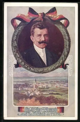 Künstler-AK tschechischer Politiker Max Morawetz starb den Heldentod 1914, Ortspanorama
