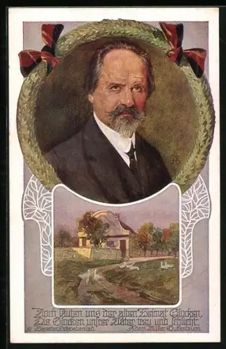 AK Portrait Adam Müller-Guttenbrunn, Ortspartie mit Gänsen, Doch läuten uns der alten Heimat Glocken