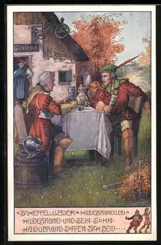 Künstler-AK T.Welzl: Zwei Männer trinken am Tisch vor dem Gasthaus
