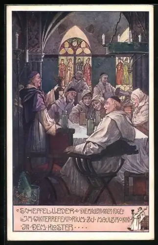 Künstler-AK T.Welzl: Die Maulbronner Fuge, betrunkene Priester trinken Wein