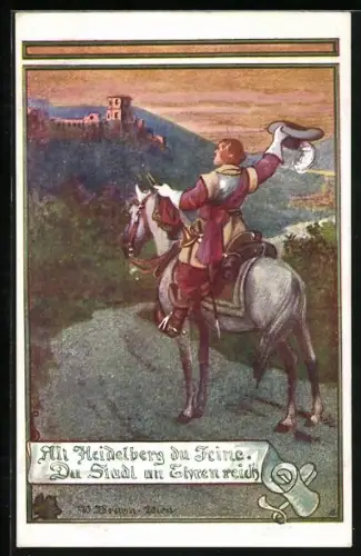 Künstler-AK W. Braun: Heidelberg, Reiter erblickt das Heidelberger Schloss