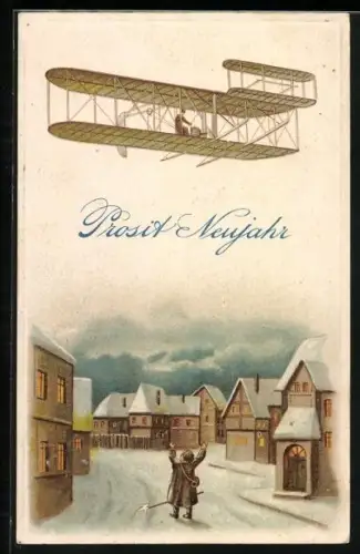 AK Ein frohes Neujahr, einfältiger Nachtwächter erschrickt vor einem Flugzeug