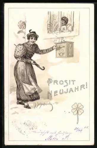 Künstler-AK H. Schubert: Frau wirft einen Brief ein, Neujahrsgruss