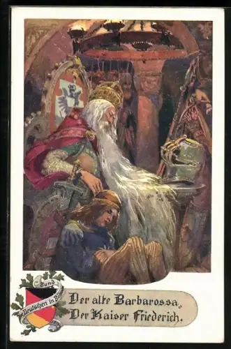 Künstler-AK A. Marussig: Kaiser Friedrich Barbarossa mit einem Knappen