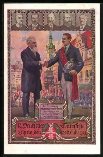 AK Leipzig, 12. Deutsches Turnfest 12.-16.07.1913, zwei Männer geben sich die Hand
