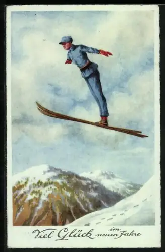 AK Skispringer beim Flug in verschneiter Berglandschaft