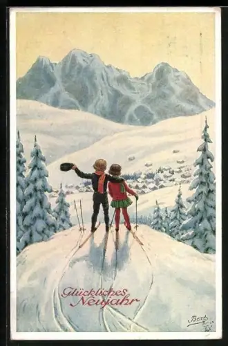 Künstler-AK Bert: zwei Kinder auf Skiern auf einem Berg