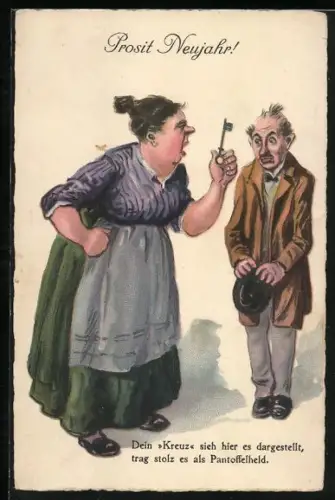 AK Dein Kreuz sieh` hier es dargestellt trag stolz es als Pantoffelheld, Scherz