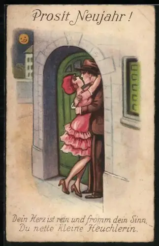 AK Paar küsst sich an einer Haustür, Dein Herz ist rein und fromm dein Sinn, Du nette kleine Heuchlerin
