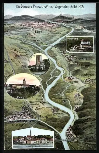 Künstler-AK Eugen Felle: Enns, Ortsansicht aus der Vogelschau mit Umgebung