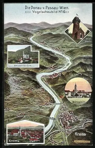 Künstler-AK Eugen Felle: Die Donau v. Passau-Wien, Karte mit Fluss und umliegenden Städten, Krems und weitere Orte