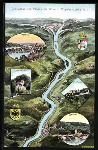Künstler-AK Eugen Felle: Passau, Landkarte mit Oberhaus, Krempelstein, Obernzell und Städtewappen