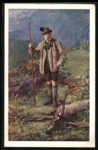 Künstler-AK Kaiser Franz Josef I. von Österreich als Jäger neben dem erlegtem Hirsch