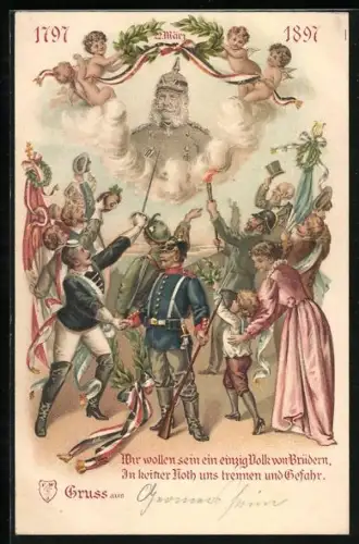 Lithographie Wir wollen sein ein einzig Volk von Brüdern..., Kaiser Wilhelm I.