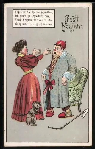 Künstler-AK Neujahrsgruss, Lass Dir die Haare schneiden Du siehst ja schrecklich aus ..., lachende Katze