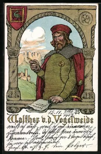 Künstler-AK Walther von der Vogelweide mit Federkiel, Wappen