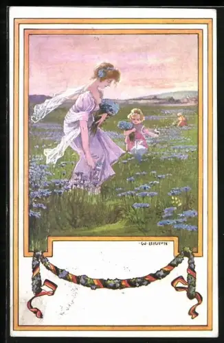 Künstler-AK W. Braun: Mutter mit Kindern beim Blumenpflücken