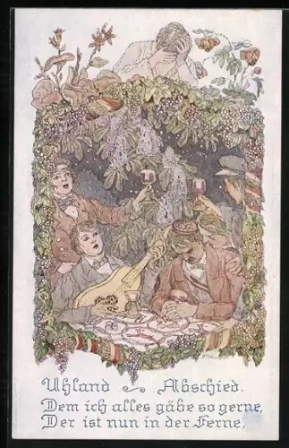 AK Studenten beim Weintrinken u. weinende Frau, Gedichtzeilen aus Abschied von Ludwig Uhland