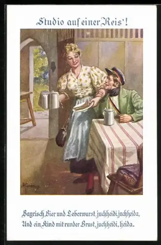Künstler-AK Kuderna: Studio auf einer Reis`, Reisender erfreut sich an Bier, Leberwurst und Rundungen der Bedienung
